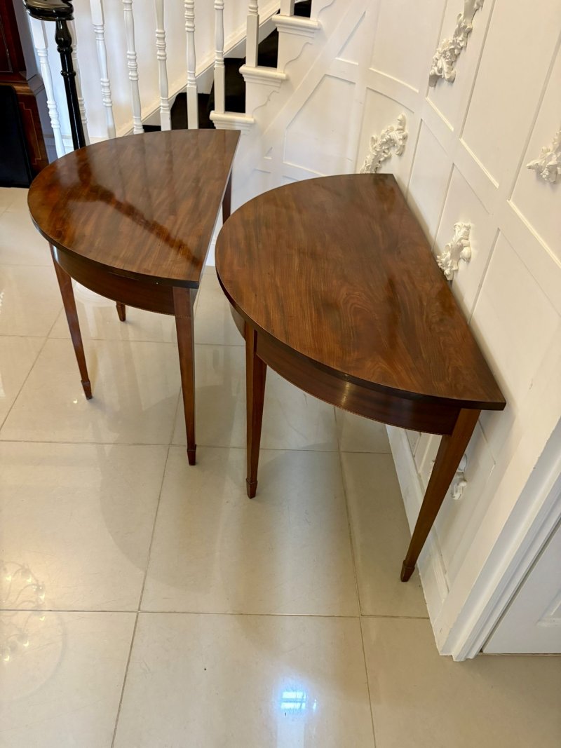 Large Pair of Antique George III Quality Figured Mahogany Demi Lune Shaped Console Tables - Image 6